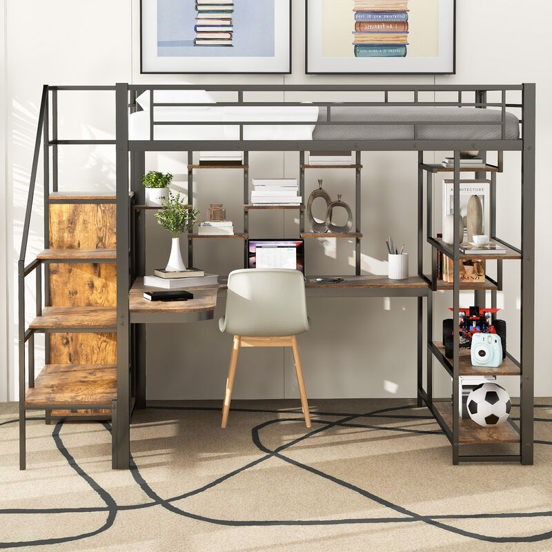 Merax Metal Loft Bed with Storage Staircase