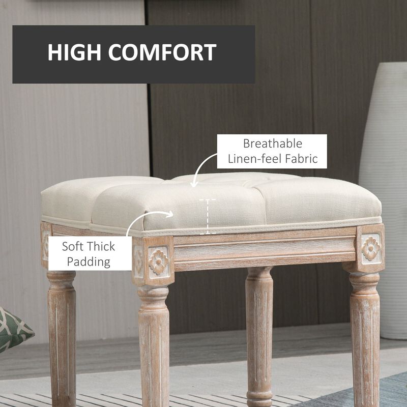 Beige Vintage Seat: 15.75" Tufted Ottoman with Rustic Wood Legs