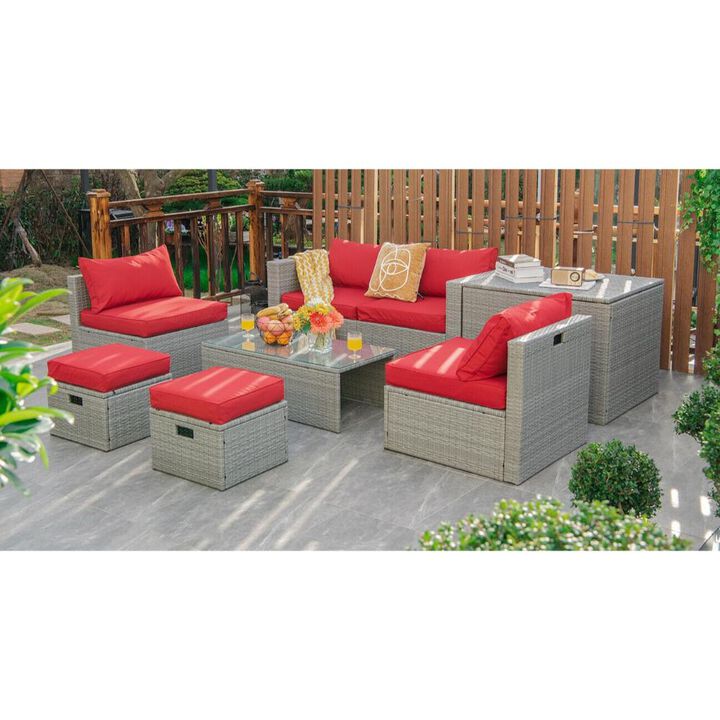 8 Pieces Patio Rattan Furniture Set with Storage Waterproof Cover and Cushion
