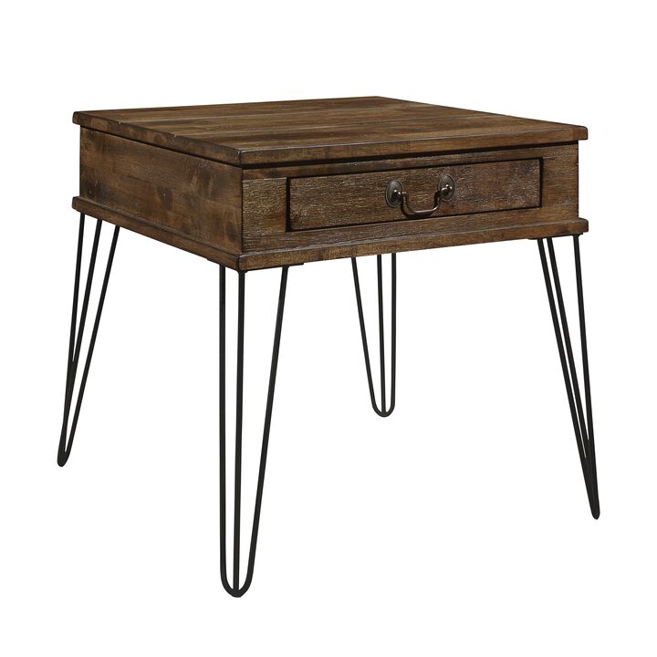 Itti 22 Inch Square Side End Table, 1 Drawer, Brown Solid Wood, Black - Benzara