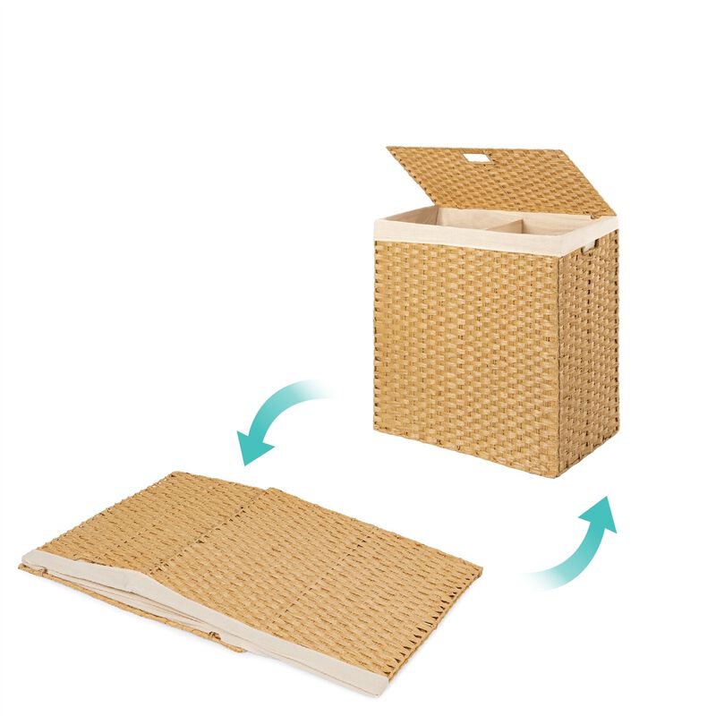 Hivvago Folding 2-Bin Natural PE Wicker Linen Liner Laundry Hamper w/ Handles