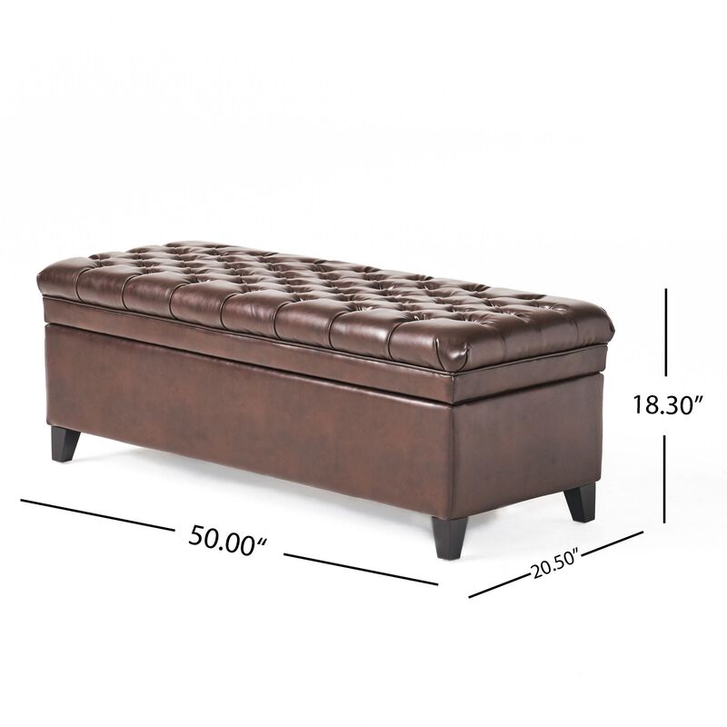 Rhya Storage Ottoman Bench, Brown Faux Leather, Black Wood, 50 Inch -Benzara