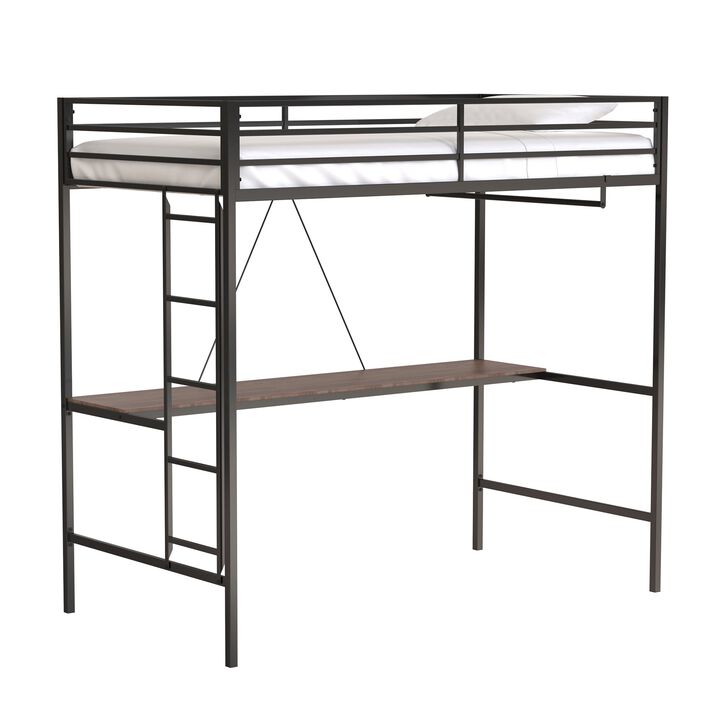 Adam Twin Loft Bunk Metal Bed Frame with Desk and Closet Rod, Guardrails, Easy Assembly, Black