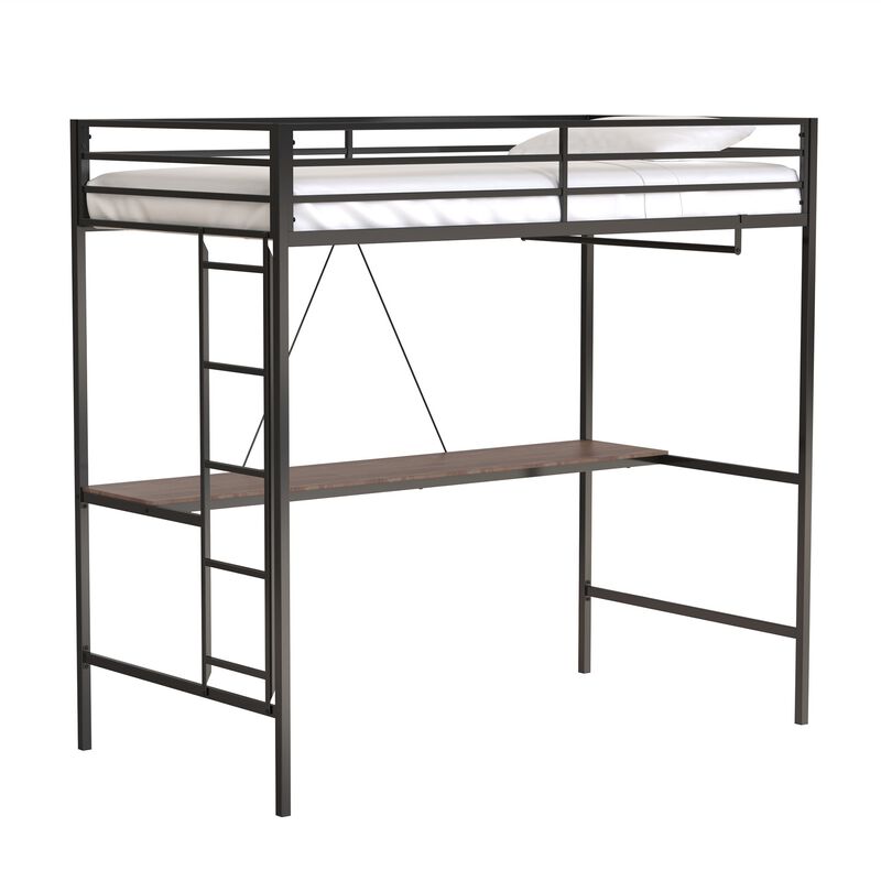 Adam Twin Loft Bunk Metal Bed Frame with Desk and Closet Rod, Guardrails, Easy Assembly, Black