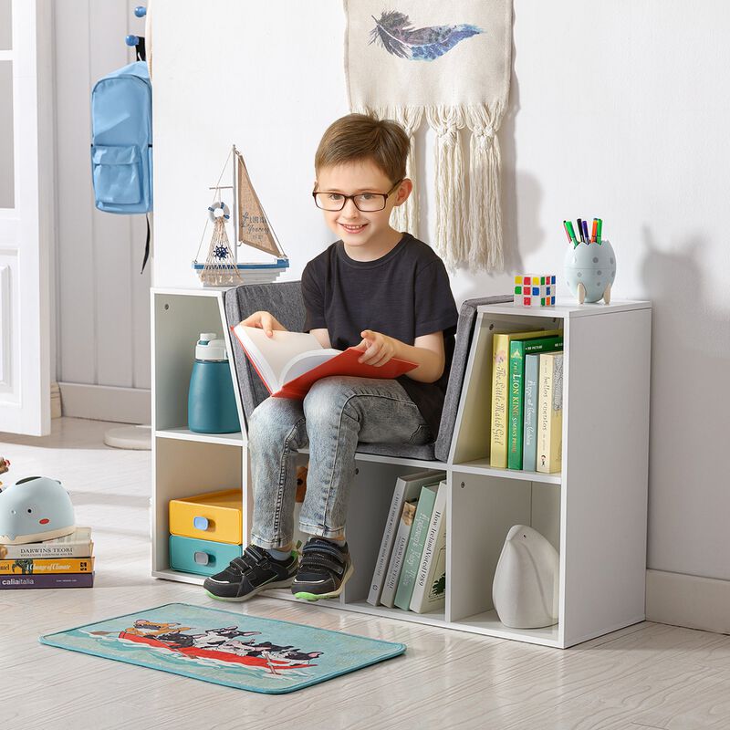 White Kids' Organizer: 6-Cubby Wooden Bookshelf with Cushion