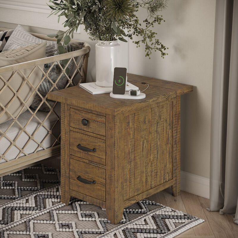 Jofran Telluride Rustic Farmhouse Solid Wood USB Charging Chairside End Table