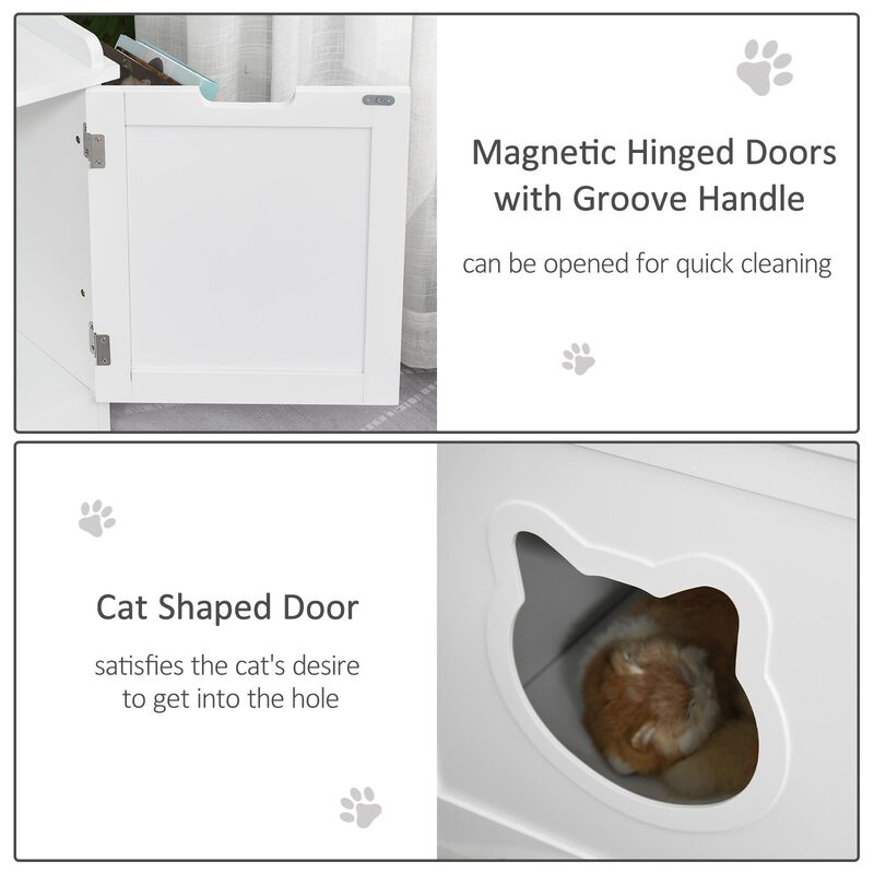 White Cat Bathroom: Wooden Litter Box Enclosure with Storage and Table