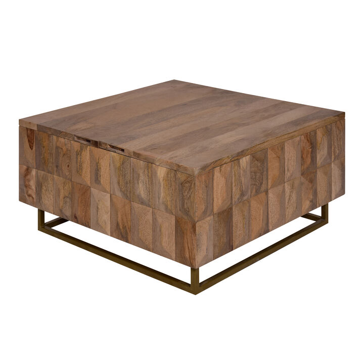 33 Inch Lift Top Storage Trunk Coffee Table, Square, Mango Wood, Natural Brown-Benzara