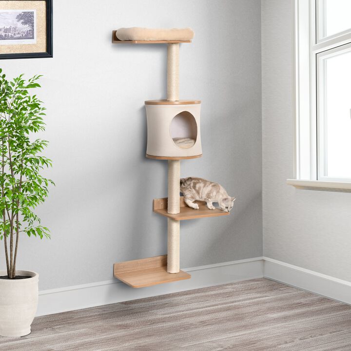 Light Brown Cat Tower: 4-Level Wall-Mounted Activity Tree with Sisal