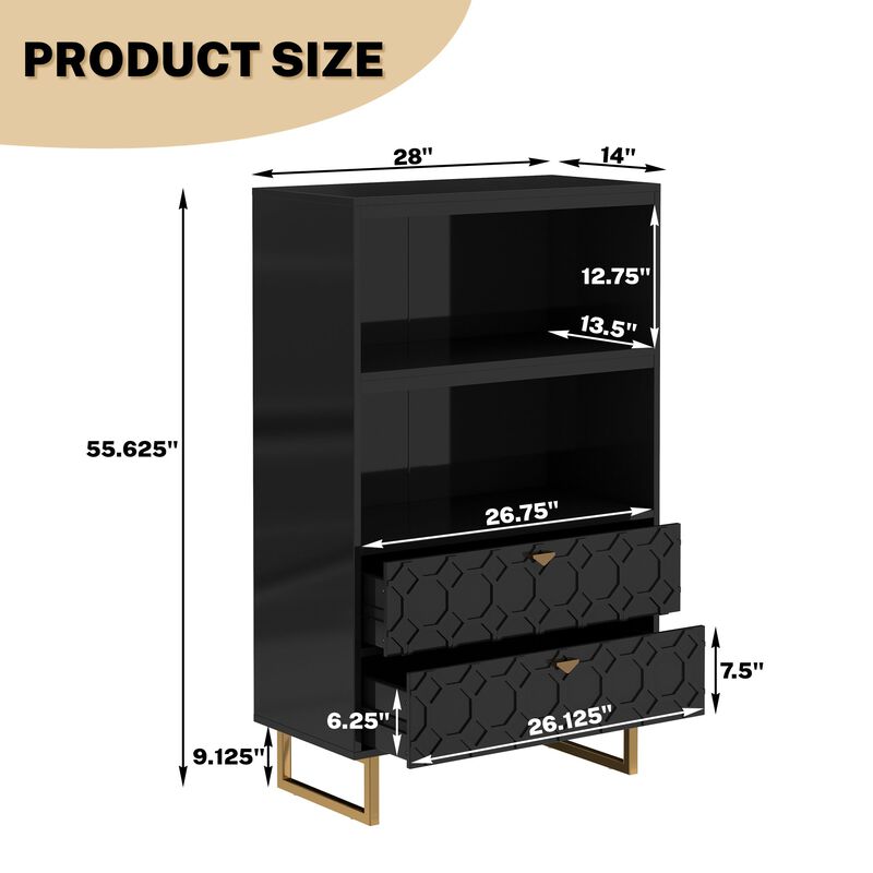 MONDAWE 28" Wood Display Bookshelf Storage Organizer Bookcase Storage Cabinet With 2 Drawers