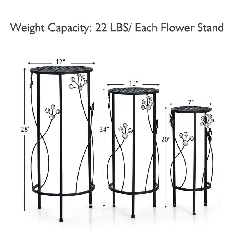 3 Pieces Metal Plant Stand Set with Crystal Floral Accents Round