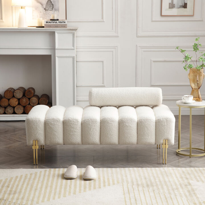 53.2" Width Modern End of Bed Bench Sherpa Fabric Upholstered 2 Seater Sofa Couch Entryway Ottoman Bench Fuzzy Sofa Stool Footrest Window Bench with Gold Metal Legs for Bedroom Living Room, Beige