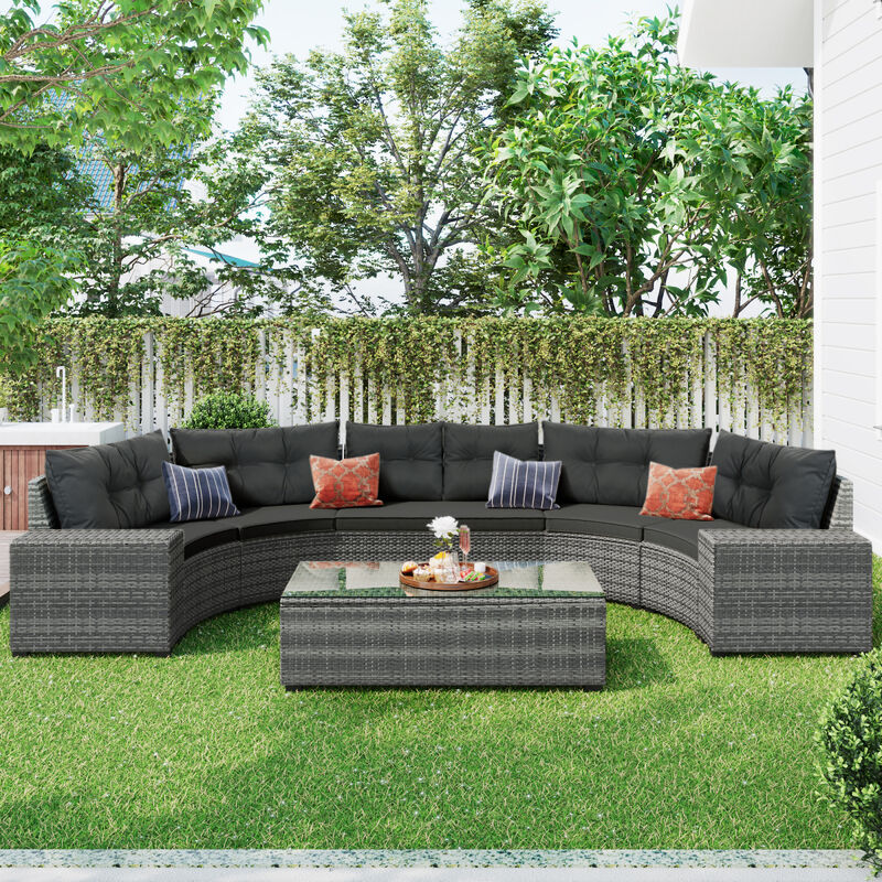 8-Pieces Outdoor Wicker Round Sofa Set, Half-Moon Sectional Sets All Weather, Curved Sofa Set
