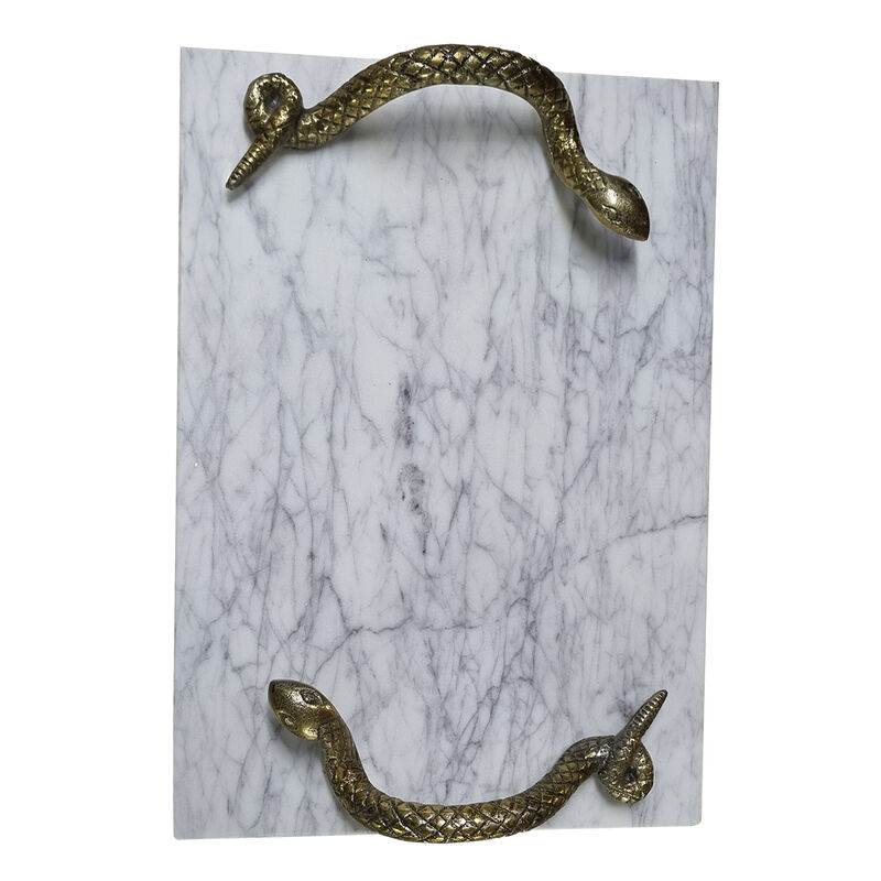 Mamba White Marble Decorative Serving Tray with Brass Snake Handles - Benzara