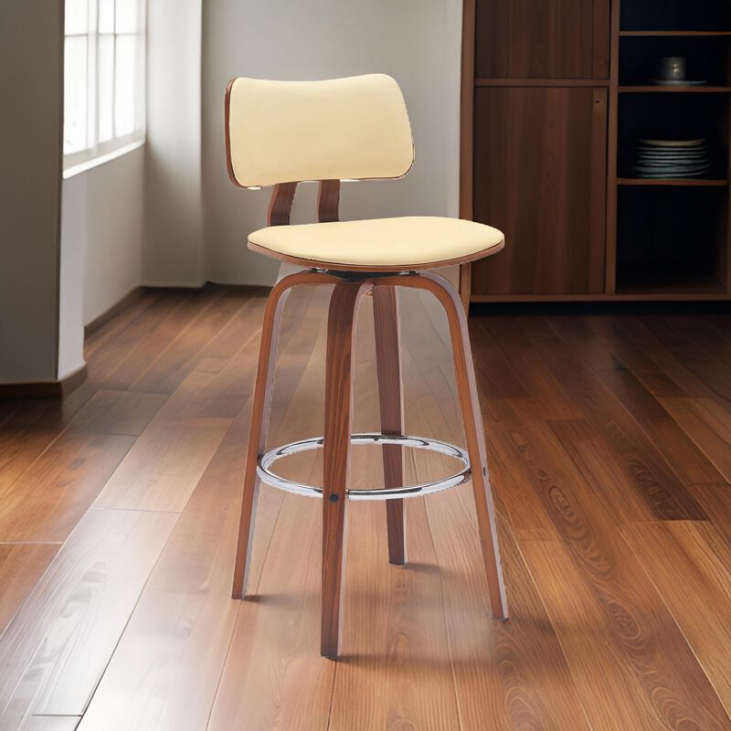 Pino 30 Inch Swivel Barstool Chair, Cream Faux Leather, Walnut Brown Wood - Benzara