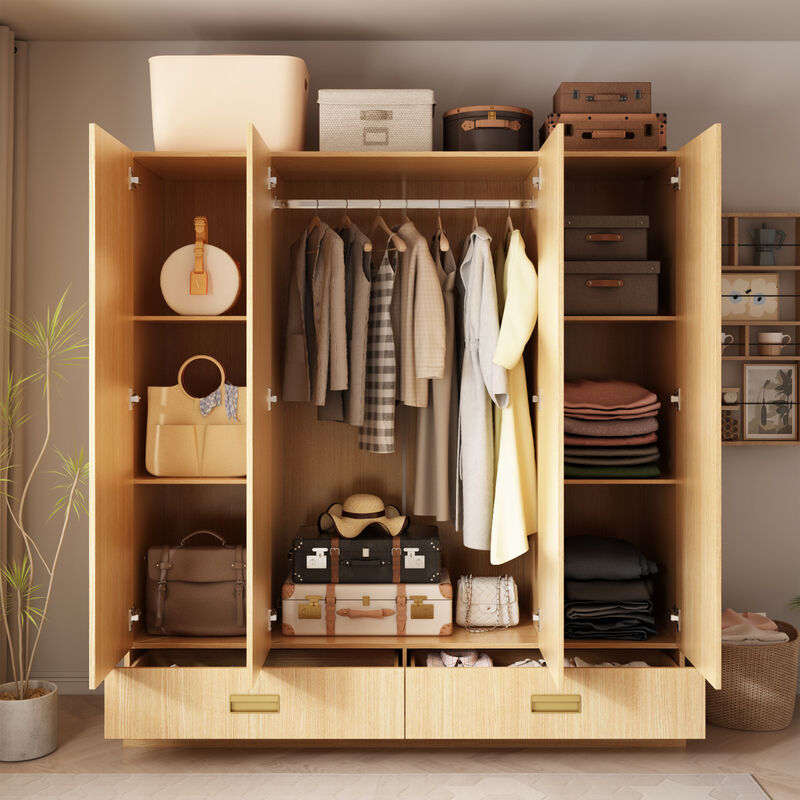 FUFU&GAGA Spacious 4-Door Wardrobe with Shelves, Drawers, and Hanging Rod, (63" W x 18.1" D x 66.9" H),Brown