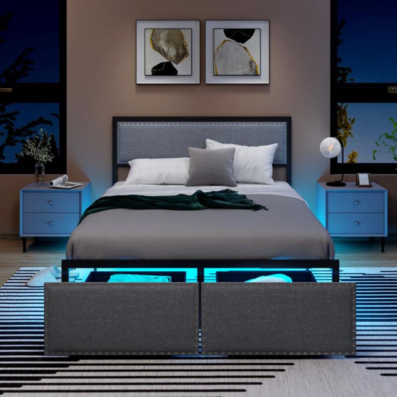 Hivvago Bed Frame with LED Lights Drawer and Metal Slats