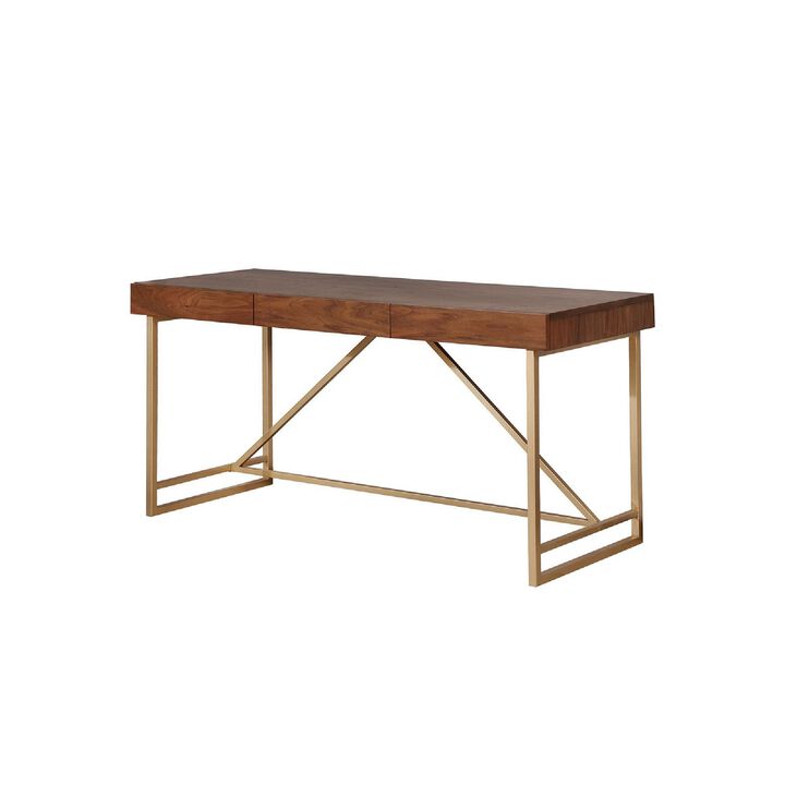 Modern Style Wooden Writing Desk with Unique Metal Legs, Walnut Brown and Gold-Benzara