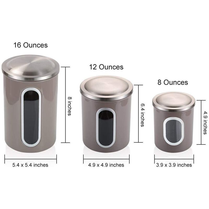 3-Piece Stainless Steel Sealed Canister Set for Kitchen Storage - See-Through Design for Easy Viewing (8oz, 12oz, 16oz, Brown)