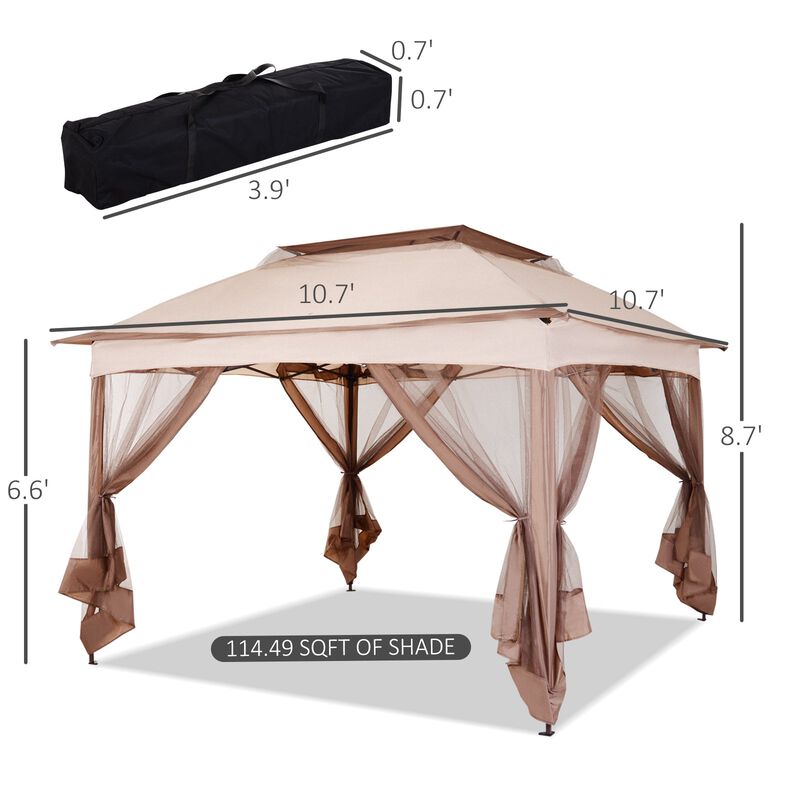 Khaki Event Shelter: 11'x11' Pop-Up Gazebo with 2-Tier Top & Netting