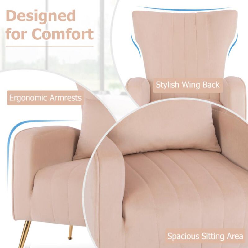 Hivvago Velvet Upholstered Wingback Chair with Lumbar Pillow and Golden Metal Legs