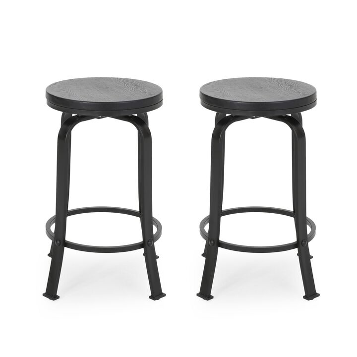 Lni Swivel Counter Stool Set of 2, Faux Wood Seat w Curved Black Metal - Benzara
