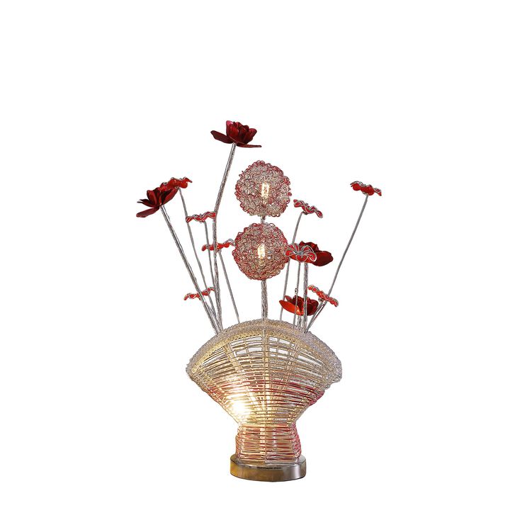 Accent Table Lamp, LED, Red Roses Fan Crystal Vase, Chrome 22 Inch - Benzara