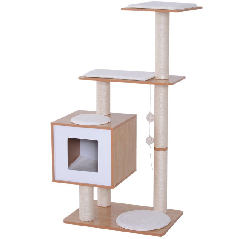 Modern Cat Playground: Oak & White Tree with Scratching Posts