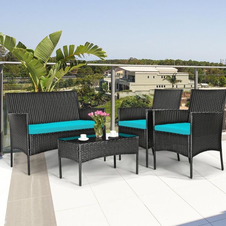 Hivvago 4 Pieces Patio Rattan Cushioned Sofa Set with Tempered Glass Coffee Table