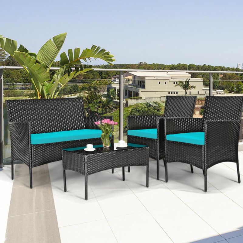 Hivvago 4 Pieces Patio Rattan Cushioned Sofa Set with Tempered Glass Coffee Table