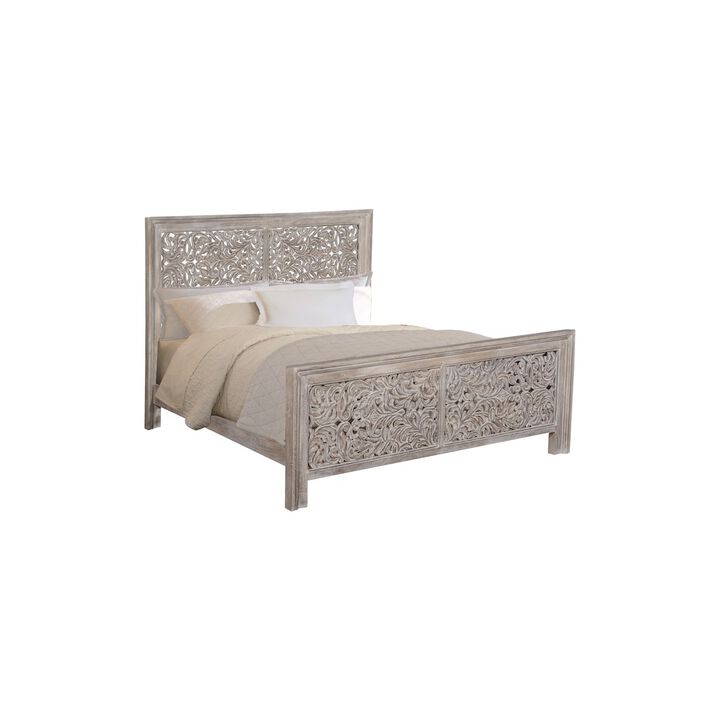 Taran Designs Calista Floral Carved Solid Wood King Panel Bed