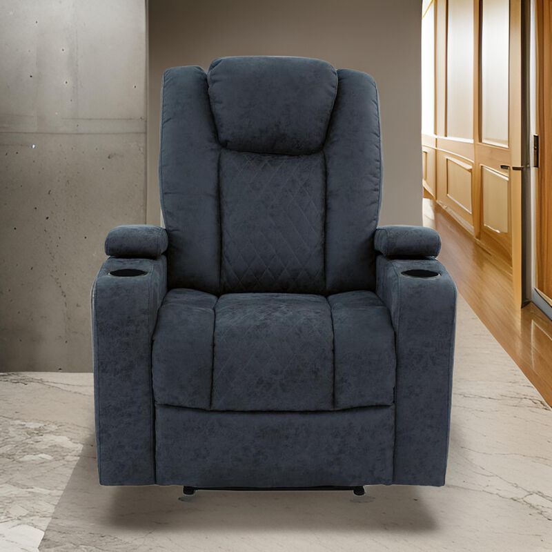 Kem 39 Inch Power Recliner Chair, Adjustable Headrest, Blue Faux Leather - Benzara