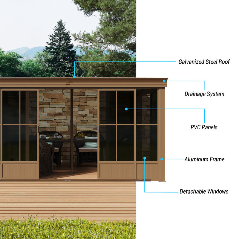 MONDAWE 12x14FT Hardtop Wall Mounted Gazebo Lean to Gazebo with Sloping Galvanized Steel Roof, Aluminum Frame, Drainage System, Curtains and Netting