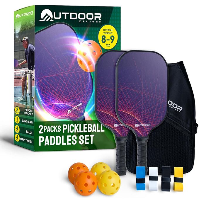 Outdoor Cruiser Pickleball Racket Set - Carbon Fiber USAPA Approved Lightweight Paddles with Polypropylene Honeycomb Core, Skill Levels, Includes 2 Rackets, a Sling Bag, 4 Balls, and 4 Grip Tapes