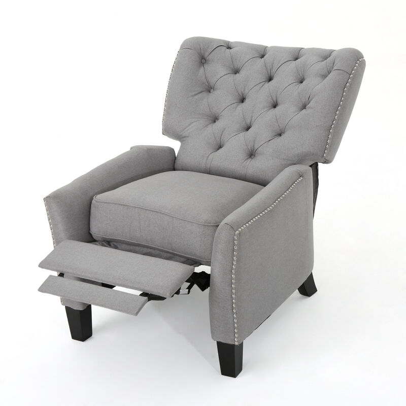 Push Back Recliner Chair, Modern Rivet Design Ergonomic, Light Gray Fabric - Benzara
