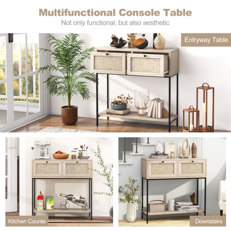 Hivvago Rattan Console Table Boho Entryway Table with 2 Rattan Drawers and Open Storage Shelf