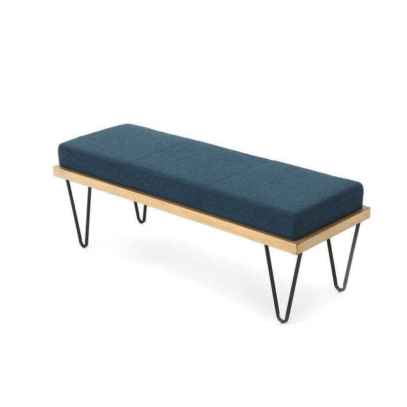 Sinu Accent Bench, Navy Blue, Brown Wood, Black Hairpin Legs, 47 Inch -Benzara