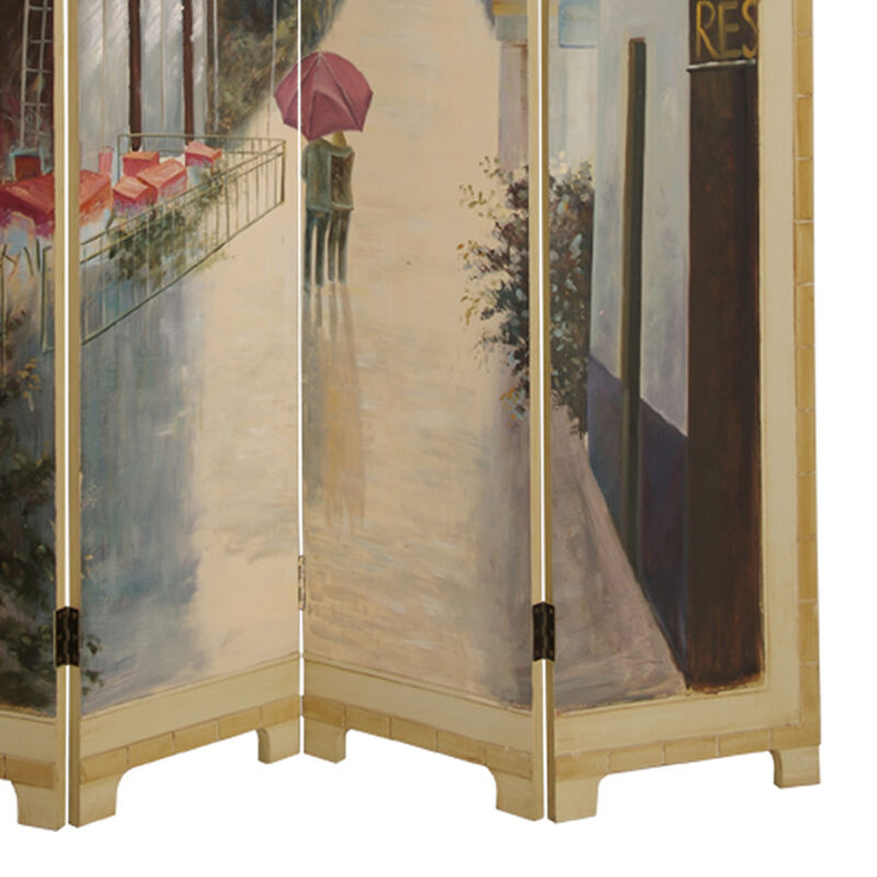 Wooden Screen with Artwork of Hand Painted Paris Promenade, Multicolor - Benzara