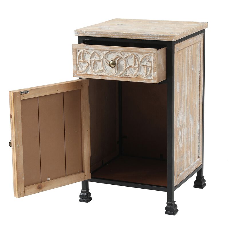 LuxenHome Black Metal Frame and Carved Wood 1-Door 1-Drawer End Table with Storage