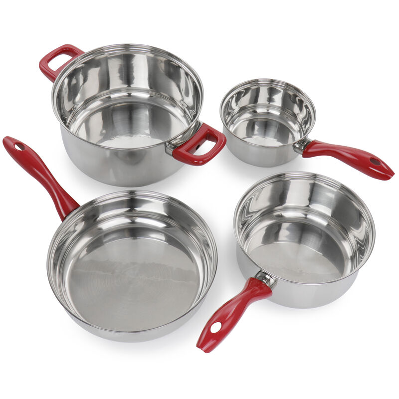 Gibson Home Crawson 7 Piece Stainless Steel Cookware Set in Chrome with Red Handles