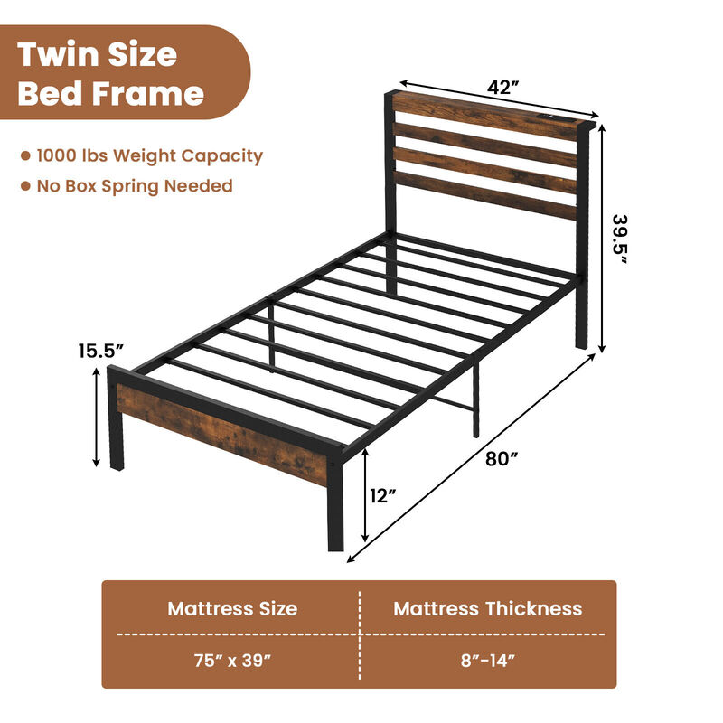 Bed Frame with Charging Station and Storage Headboard