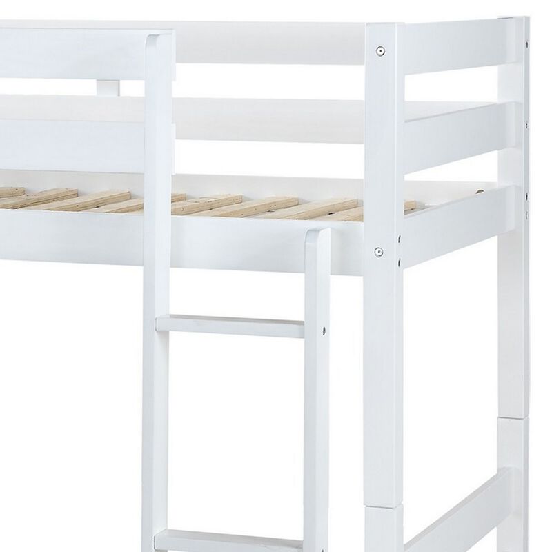 Wooden Twin Over Twin Bunk Bed with Attached Ladder, White-Benzara