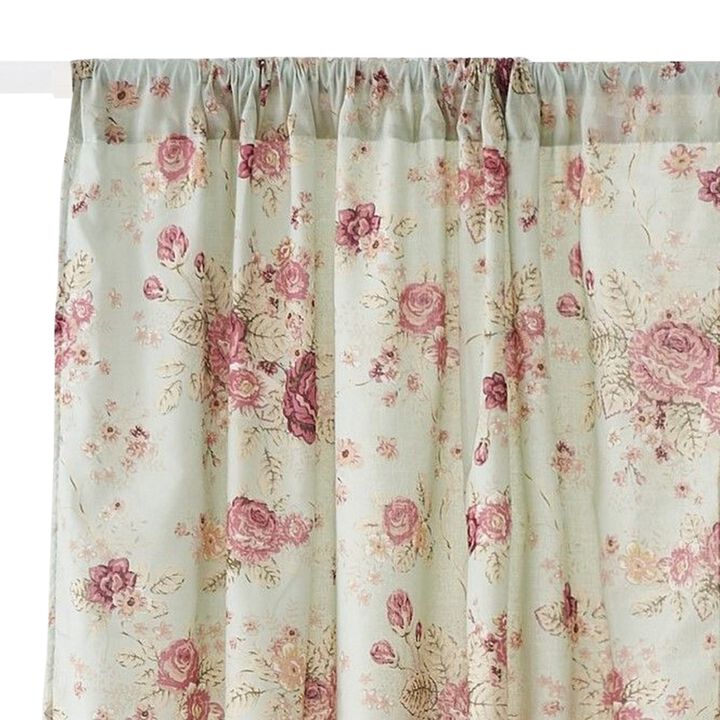 Rosle Set of 2 Window Curtains, Cotton, Antique Rose Print, Multicolor - Benzara