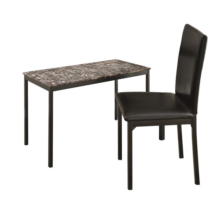 Faux Marble Writing Desk With Leatherette Upholstered Metal Chair, Black-Benzara
