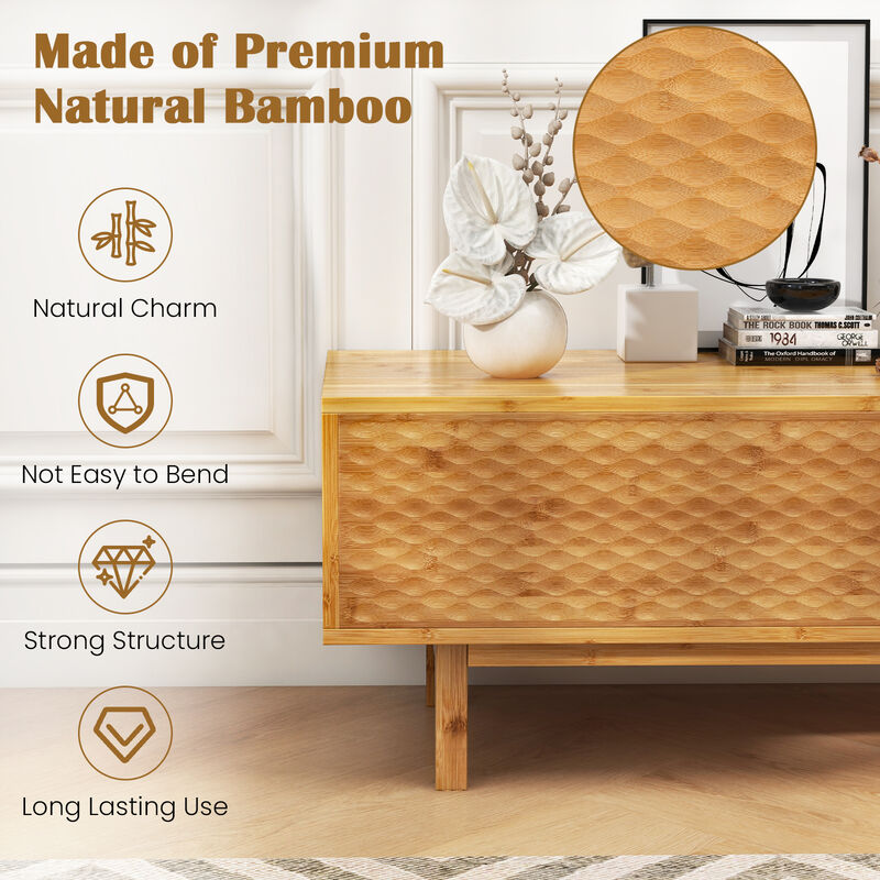 63 Inches Mid Century Modern Wicker TV Stand with Sliding Doors-Natural