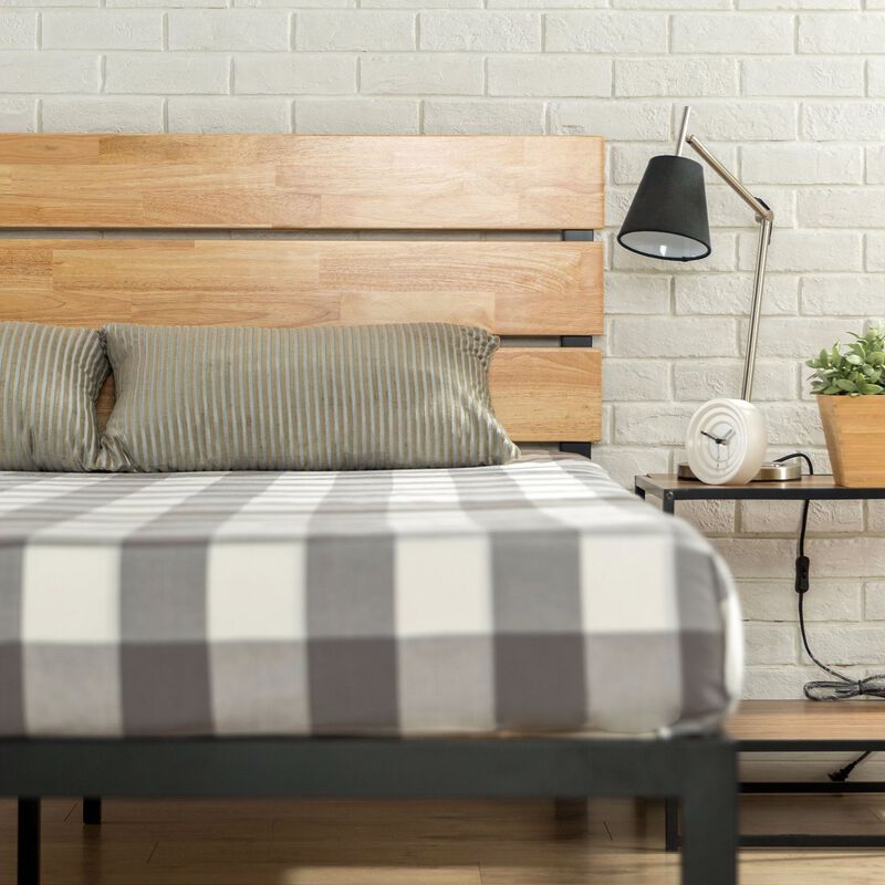 Metal Platform Bed Frame with Wood Slats and Headboard