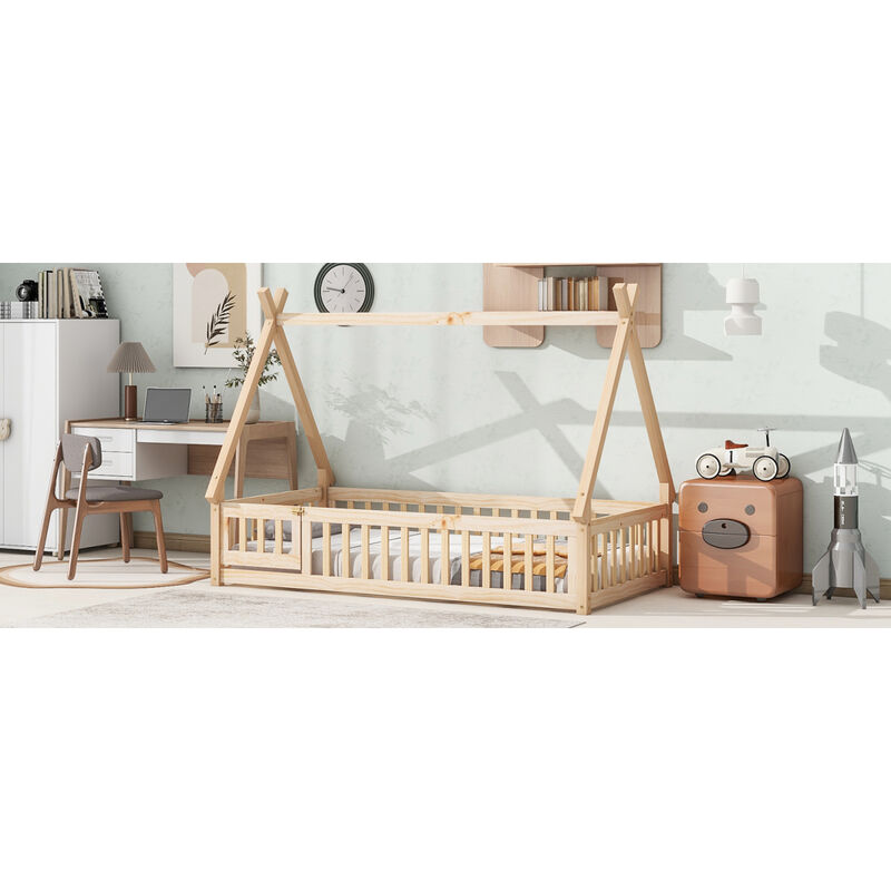 Twin Tentshaped Floor Bed, With Guardrails, Slats, Door, Natural