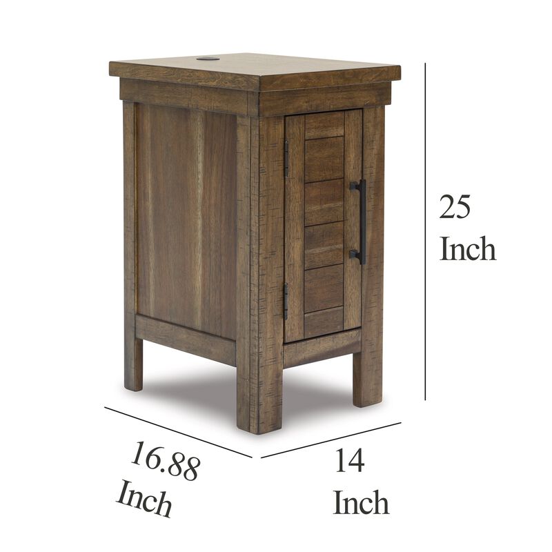 Chip Chairside End Table, Cabinet, 2 USB Ports, 17 Inch Brown Wood - Benzara