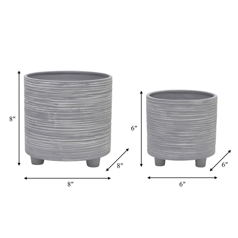 Footed Planter with Lines Gray