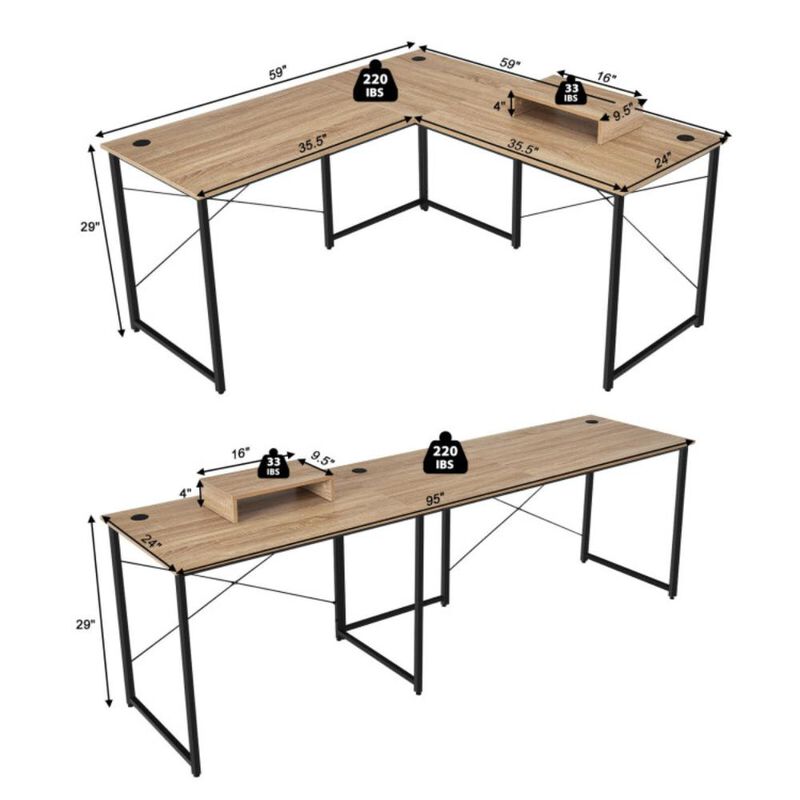 Hivvago 95 Inch 2-Person L-Shaped Long Reversible Computer Desk with Monitor Stand